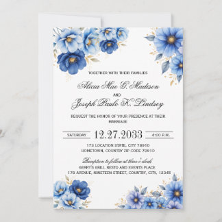 Navy Blue Florals Modern Wedding Invitation