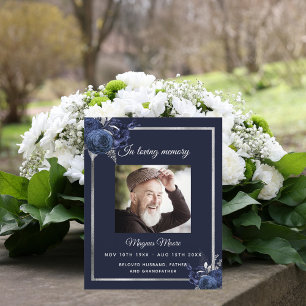 Navy blue florals silver photo funeral program