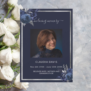 Navy blue florals silver photo funeral program card