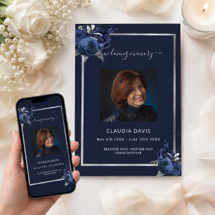 Navy blue florals silver photo funeral program invitation