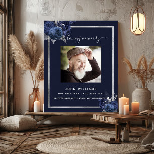 Navy blue florals silver photo funeral program poster