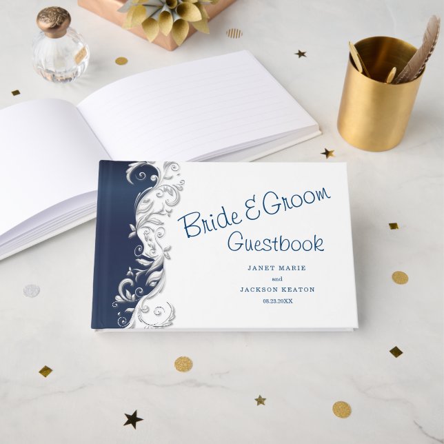 Navy Blue Florid Wedding Guestbook (Front Open)
