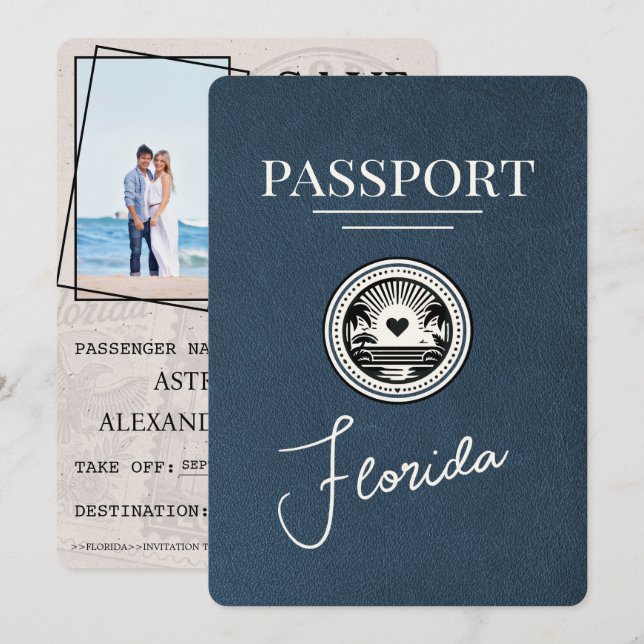 Navy Blue Florida Passport Save The Date (Front/Back)