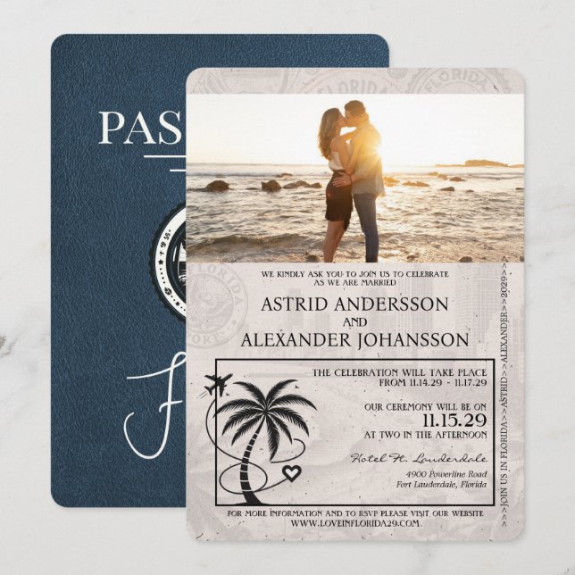 Navy Blue Florida Passport Wedding Invitation (Front/Back)