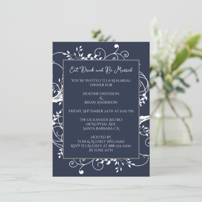Navy Blue Flourish Rehearsal Dinner Invitation (Standing Front)