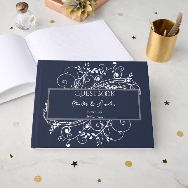 Navy Blue Flourish Wedding Guest Book (Front Open)