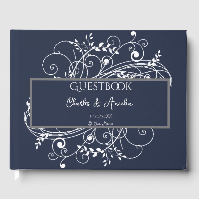 Navy Blue Flourish Wedding Guest Book (Front)
