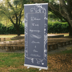 Navy Blue Flourish Wedding Retractable Banner