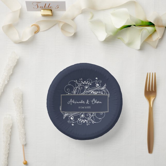 Navy Blue Flourish Wedding Shower Paper Bowls Paper Plate (Wedding)