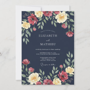 Navy Blue Flourishing Floral Wedding Invitation