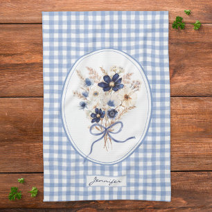 Navy Blue Flower Bouquet Gingham Personalised Tea Towel