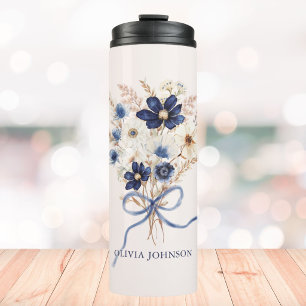 Navy Blue Flower Bouquet Personalised Floral Thermal Tumbler