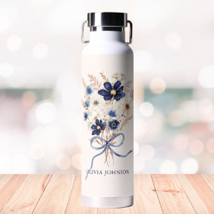 Navy Blue Flower Bouquet Personalised Floral Water Bottle