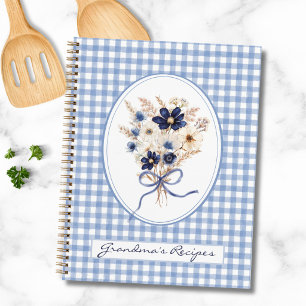 Navy Blue Flower Gingham Family Recipe Cookbook Notebook