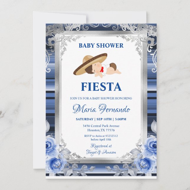Navy Blue Flower Mexican Baby Shower Fiesta  Invitation (Front)