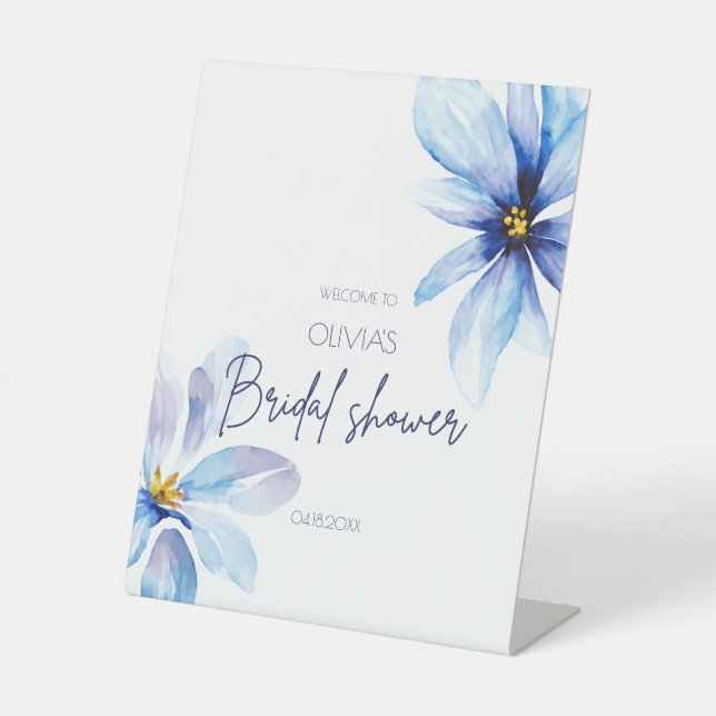 Navy blue Flower Minimalist Bridal Shower Welcome Pedestal Sign (Front)