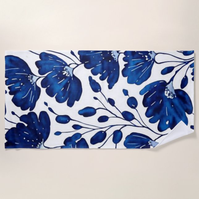 Navy blue flower pattern beach towel (Front)