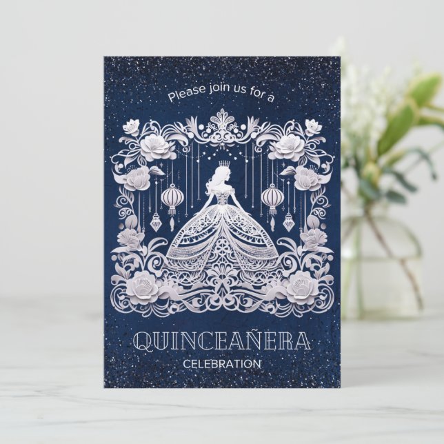 Navy Blue  Flower Princess Dress Quinceanera Invitation (Standing Front)