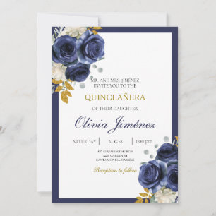 Navy blue flower quinceañera invitation