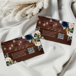 Navy Blue Flower Rustic Wedding QR RSVP Enclosure Card