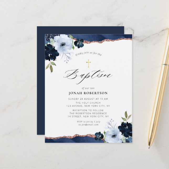 navy blue flowers agate baptism invitation (Front/Back In Situ)