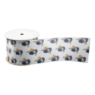 Navy Blue Flowers and Greenery Pattern Satin Ribbon