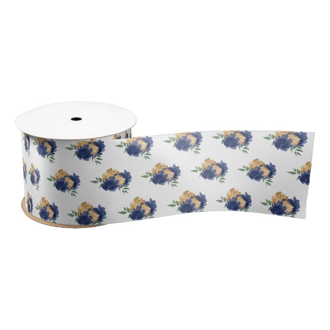 Navy Blue Flowers and Greenery Pattern Satin Ribbon (Spool)