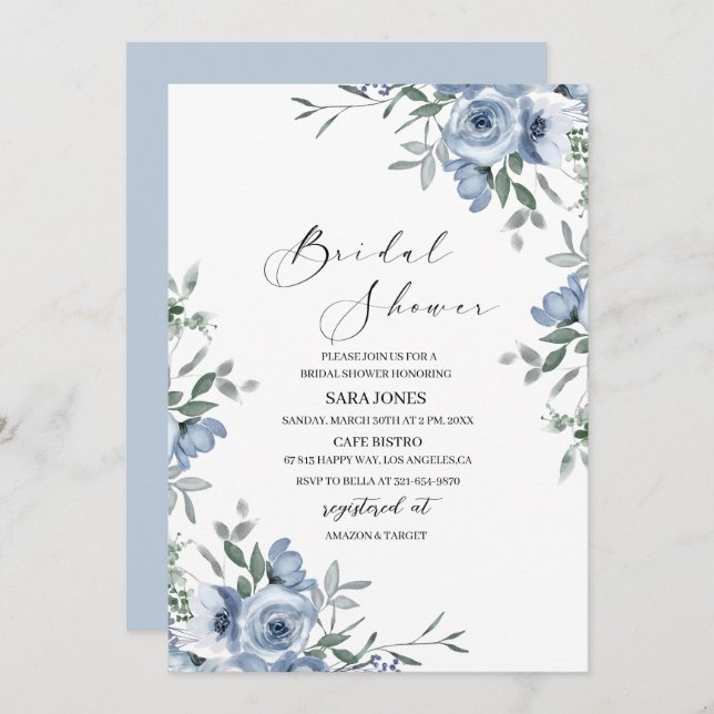 Navy blue flowers and leaves Bridal Shower Invitation (Front/Back)