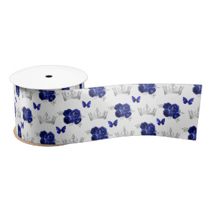 Navy Blue Flowers and Silver Crowns Satin Ribbon