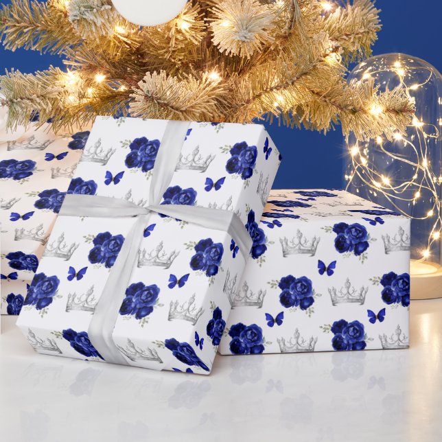 Navy Blue Flowers and Silver Crowns Wrapping Paper (Holidays)