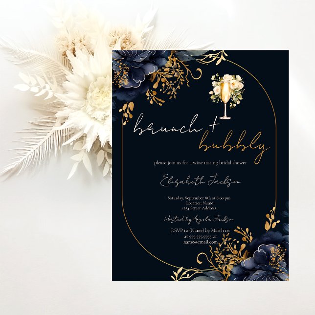  Navy Blue Flowers Brunch & Bubbly Bridal Shower Invitation (Creator Uploaded)
