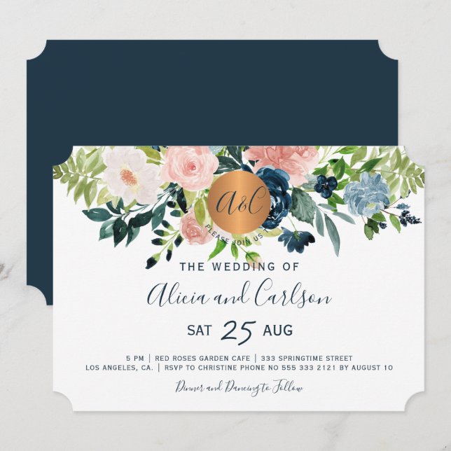 Navy blue flowers chic monogrammed wedding invitation (Front/Back)