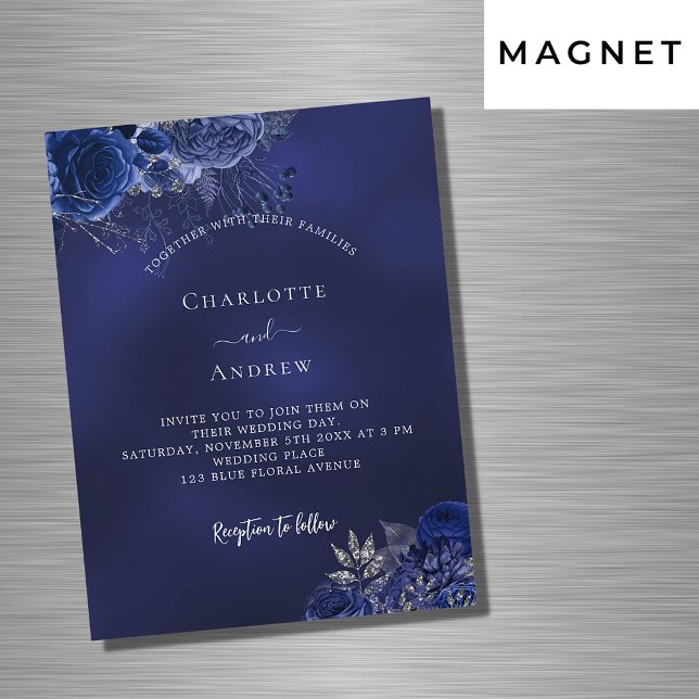 Navy blue flowers elegant luxury wedding magnetic invitation (Creator Uploaded)