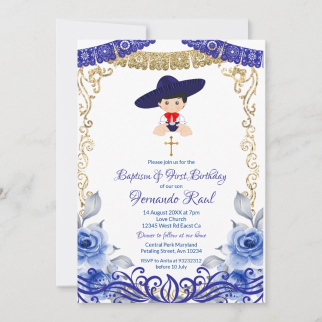 Navy Blue Flowers Fiesta Baptism and Birthday  Invitation (Front)
