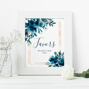 Navy Blue Flowers & Gold Frame Shower Favours Sign