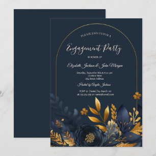 Navy Blue Flowers Gold Leaves Engagement Invitation