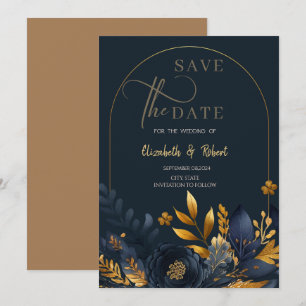 Navy Blue Flowers Gold Leaves Flat Save The Date