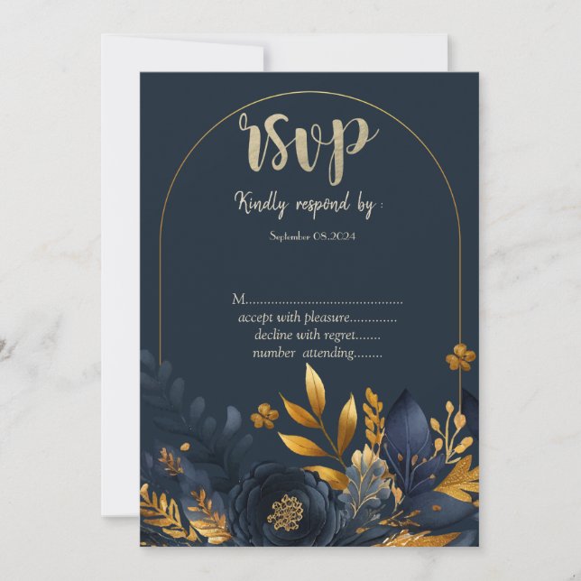 Navy Blue Flowers Gold Leaves  RSVP  Invitation (Front)