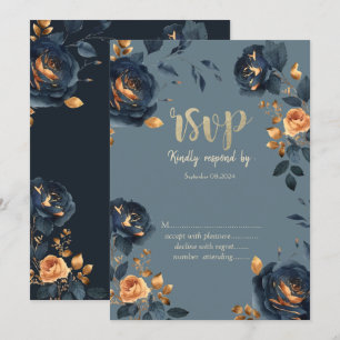 Navy Blue Flowers Gold Leaves RSVP Invitation