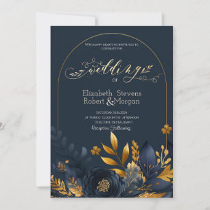Navy Blue Flowers Gold Leaves Wedding Invitation