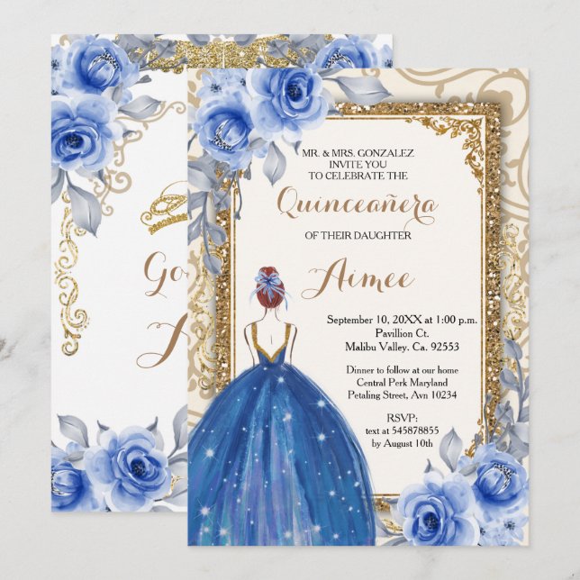 Navy Blue Flowers Gold Quinceanera  Invitation (Front/Back)