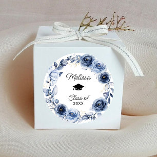 Navy Blue Flowers Graduation Classic Round Sticker