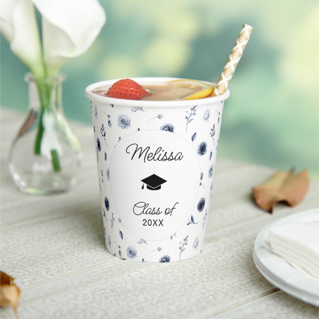 Navy Blue Flowers Graduation Paper Cups (Insitu)