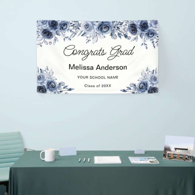 Navy Blue Flowers Graduation Party Banner (Tradeshow)