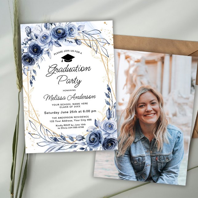 Navy Blue Flowers Graduation Party Photo Invitation (Creator Uploaded)
