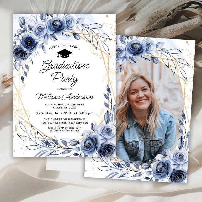 Navy Blue Flowers Graduation Party Photo Invitation (Creator Uploaded)