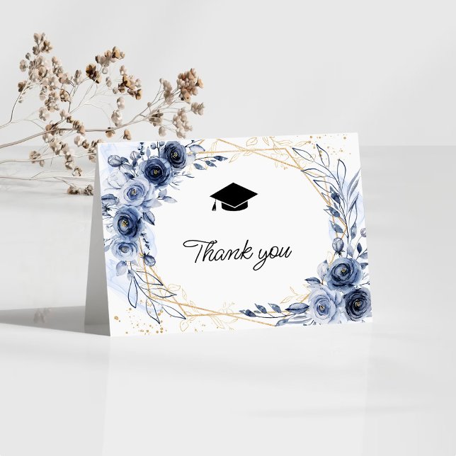 Navy Blue Flowers Graduation Thank You Card (Creator Uploaded)