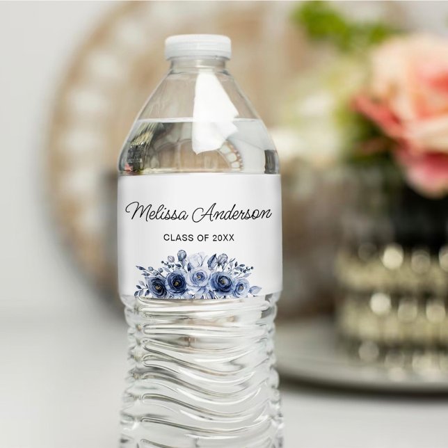 Navy Blue Flowers Graduation Water Bottle Label (Creator Uploaded)