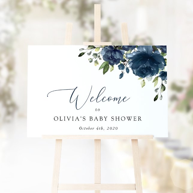 Navy Blue Flowers, Greenery, Baby Shower Welcome Poster (Creator Uploaded)