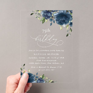 Navy Blue Flowers, Greenery, Boho, Any Birthday Acrylic Invitations